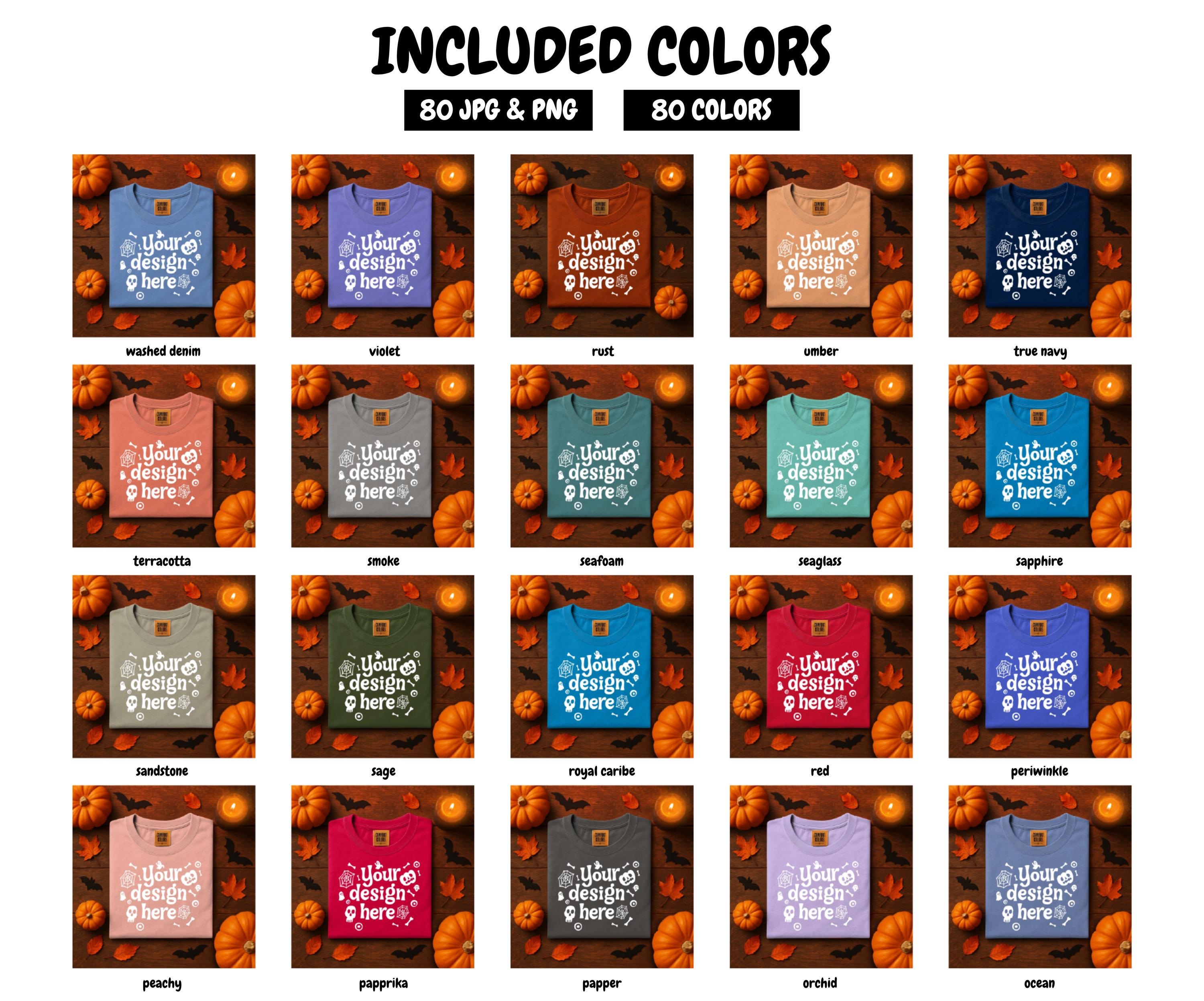 80 Halloween Comfort Color 1717 Flatlay T Shirt Mock Ups Group Fall Flat Lay 1717 Folded Tshirt Mockup Bundle Pumpkin - 80 COLORS JPEG & PNG