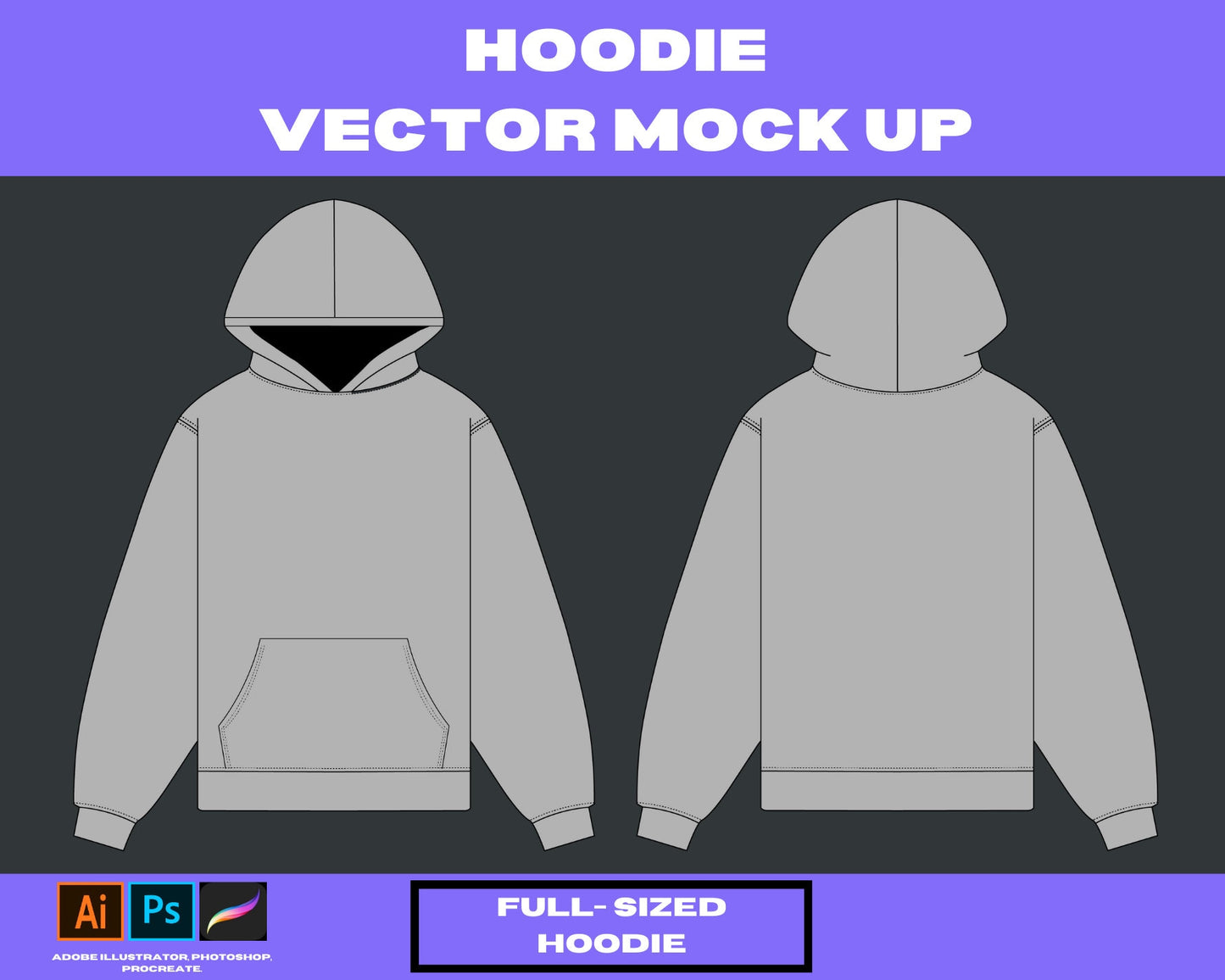 Full-sized Hoodie 1 vector mock up Clothing brand hoodie, t-shirt, jeans,,tees. clothing, tech pack,3mock up,bundle adobe illustrator vector