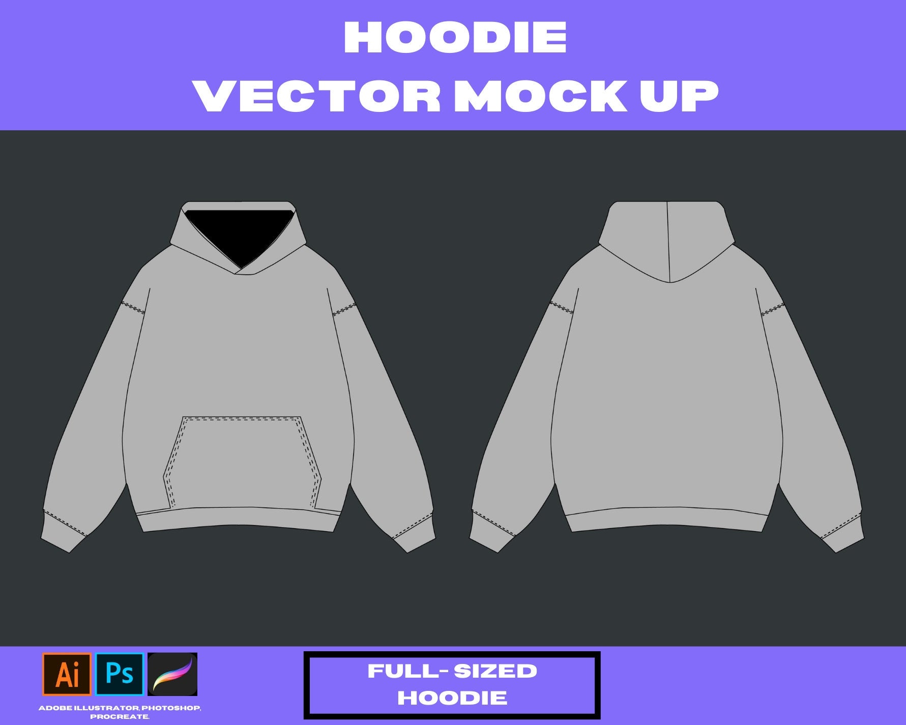 Full-sized Hoodie 3 vector mock up Clothing brand hoodie, t-shirt, jeans,,tees. clothing, tech pack,3mock up,bundle adobe illustrator vector