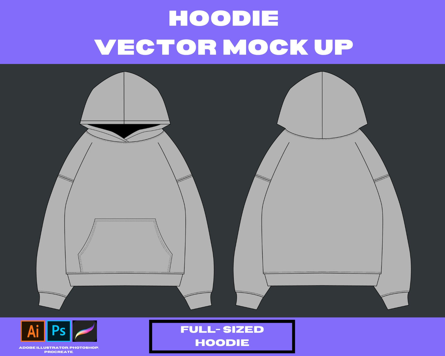 Full-sized Hoodie 2 vector mock up Clothing brand hoodie, t-shirt, jeans,,tees. clothing, tech pack,3mock up,bundle adobe illustrator vector