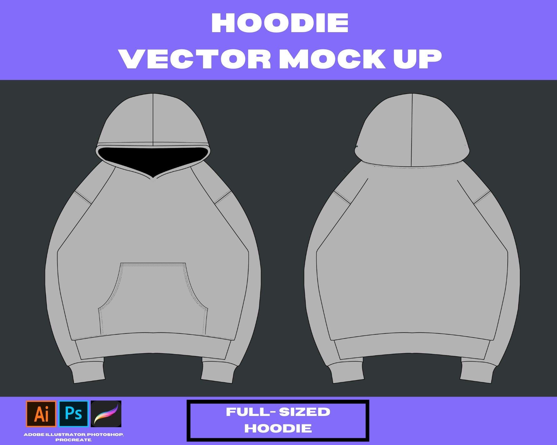 Full-sized Hoodie 2 vector mock up Clothing brand hoodie, t-shirt, jeans,,tees. clothing, tech pack,3mock up,bundle adobe illustrator vector