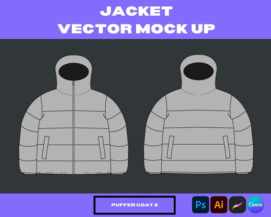 Winter Puffer Coat Mock-Up | Customizable Apparel Template for Clothing Brands | Realistic Puffer Jacket Flats & CADs