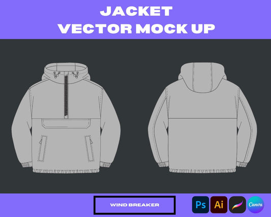 Windbreaker Jacket Vector Mock-Up | Editable Outerwear Template for Clothing Brands | Realistic Windbreaker Flats & CADs for Designers