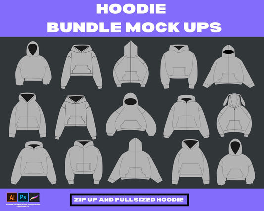 Hoodie mock ups bundle - 20 clothing brand hoodie mock up pack - mock ups hoodies - zip up hoodie mock ups and full sized hoodie mock ups