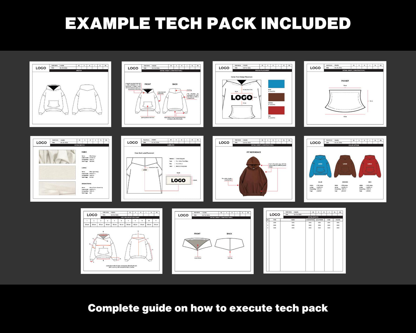 Tech Pack - Customisable clothing brand Tech Pack - Fashion Tech pack Template - Adobe illustrator tech pack ai - Hoodie Tech pack