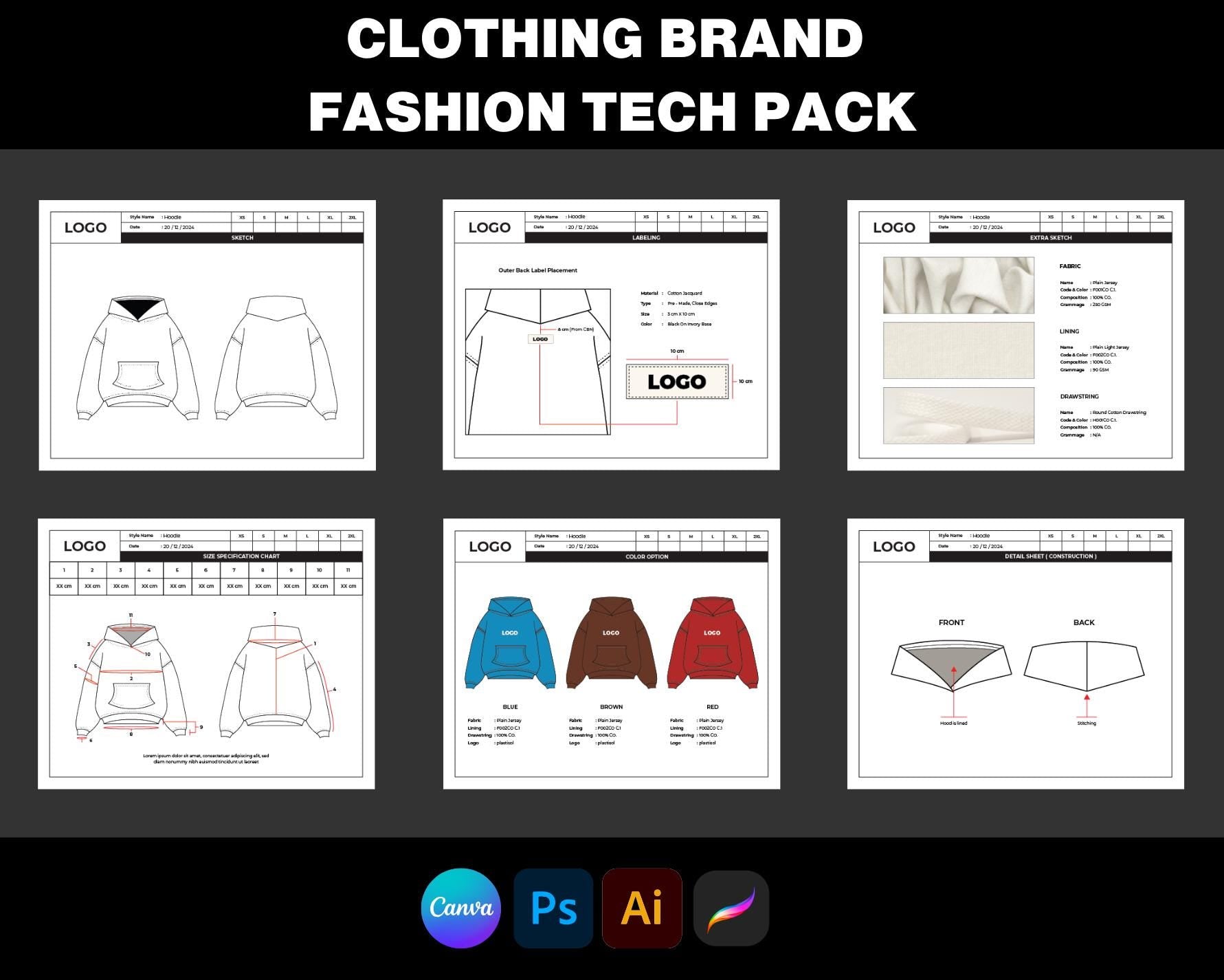 Tech Pack - Customisable clothing brand Tech Pack - Fashion Tech pack Template - Adobe illustrator tech pack ai - Hoodie Tech pack