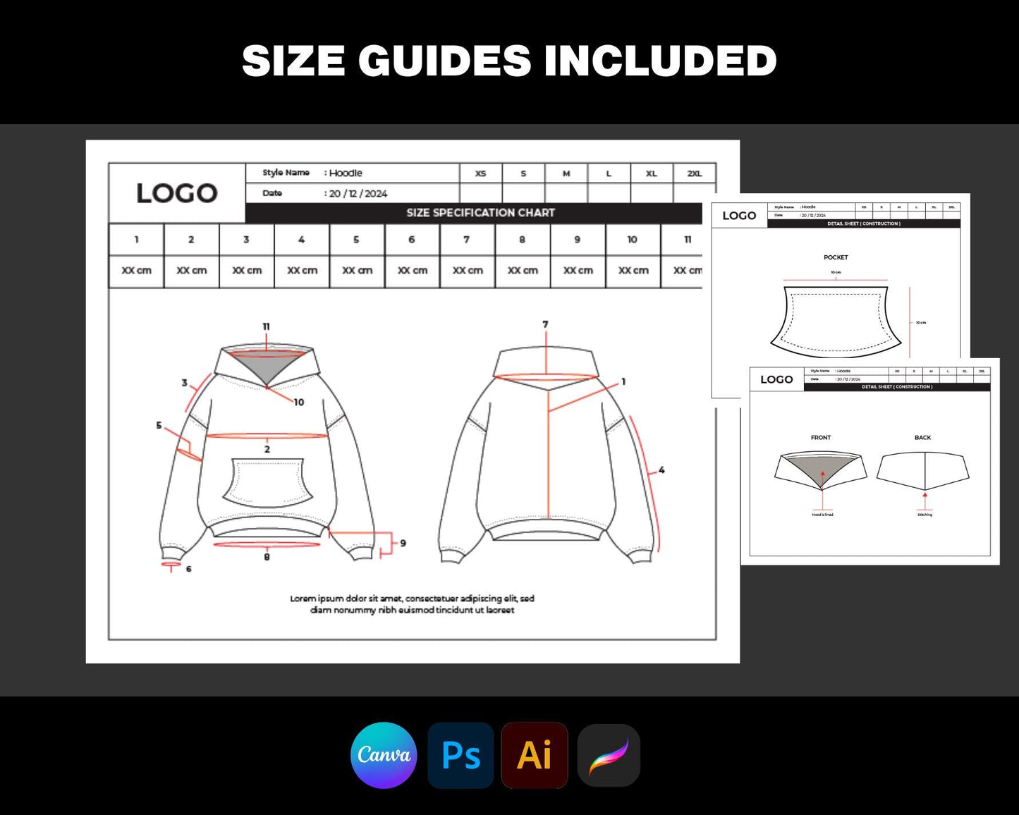 Tech Pack - Customisable clothing brand Tech Pack - Fashion Tech pack Template - Adobe illustrator tech pack ai - Hoodie Tech pack