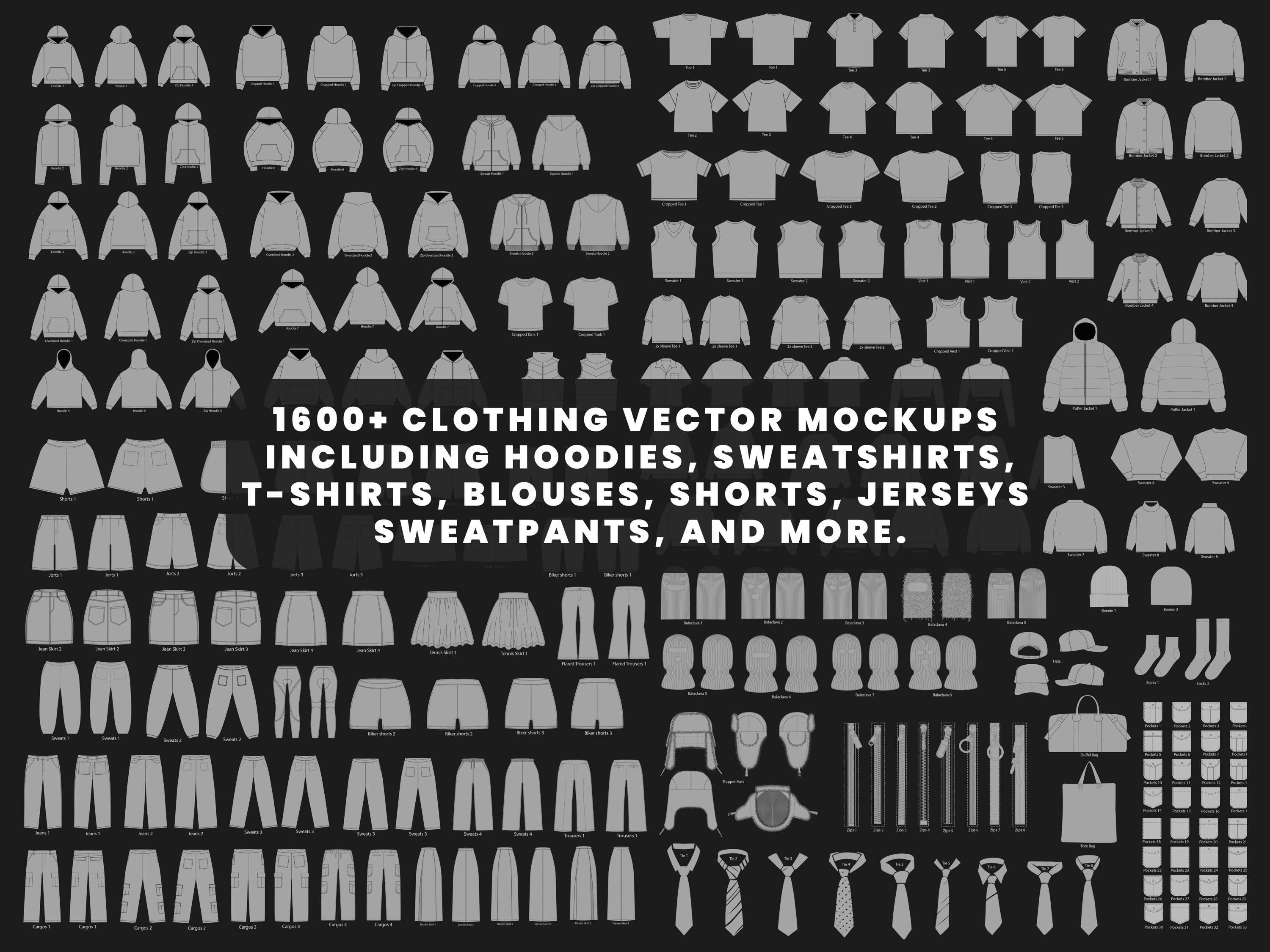 Streetwear vector mockups pack | 1600 clothing mockup templates for street fashion brands mega bundle, tshirt mockups and more ai, svg png