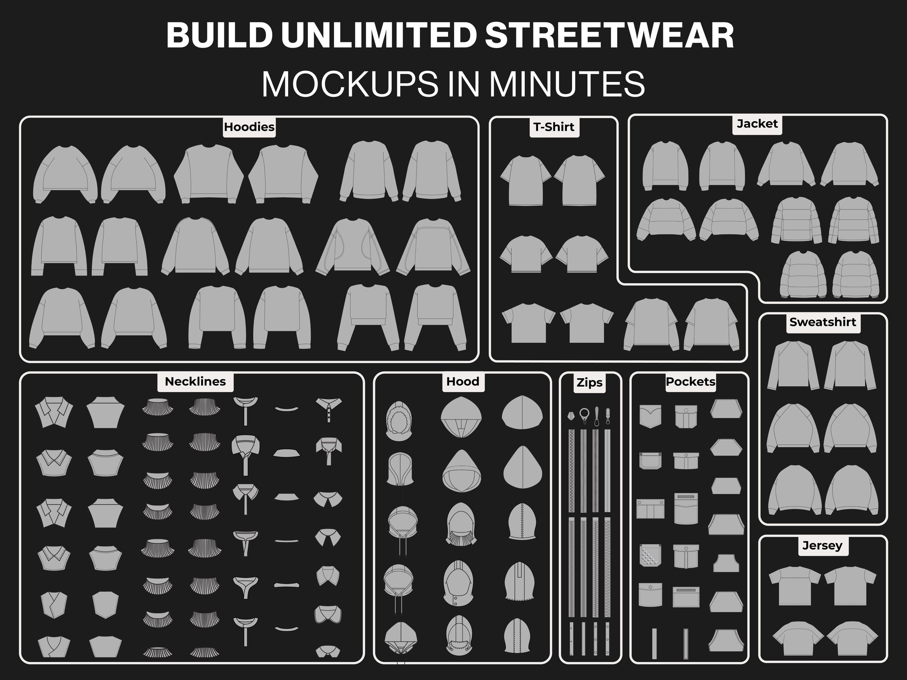 Streetwear vector mockups pack | 12,000+ clothing mockup combinations and a tech pack template Illustrator Procreate AI PNG SVG