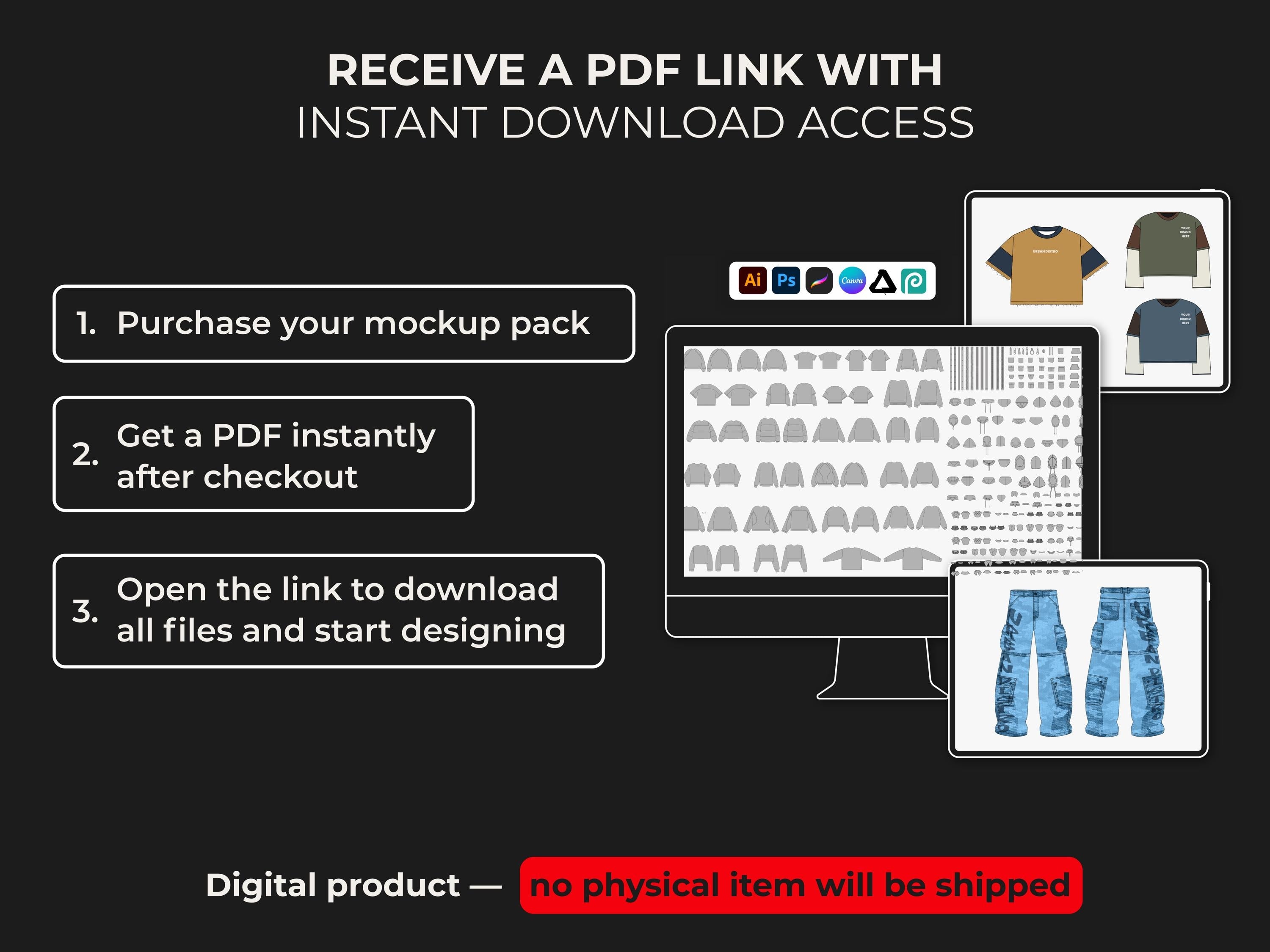 8,400+ Clothing Mockups Bundle, mega Fashion Designer Pack, Procreate Brushes, Streetwear Vector Mockups, Tech Pack Template, SVG PNG AI