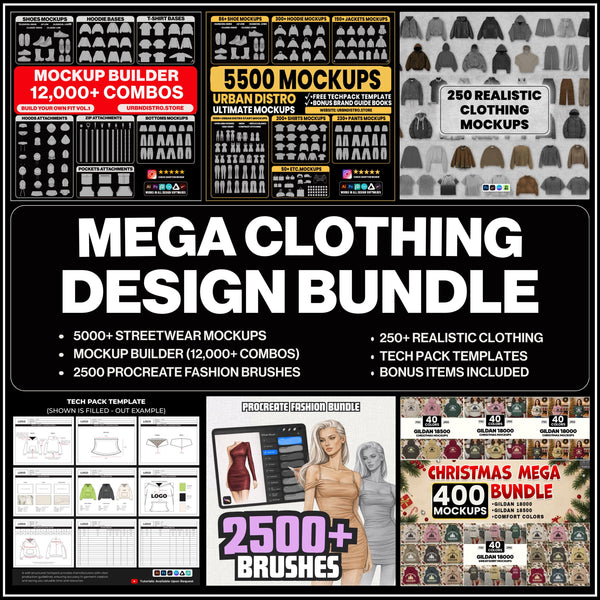 8,400+ Clothing Mockups Bundle, mega Fashion Designer Pack, Procreate Brushes, Streetwear Vector Mockups, Tech Pack Template, SVG PNG AI